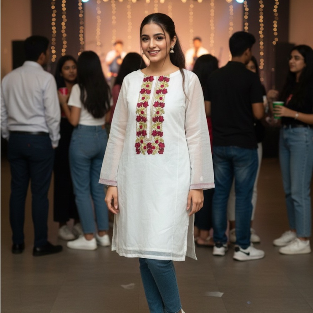 White Kurta with Floral Embroidery